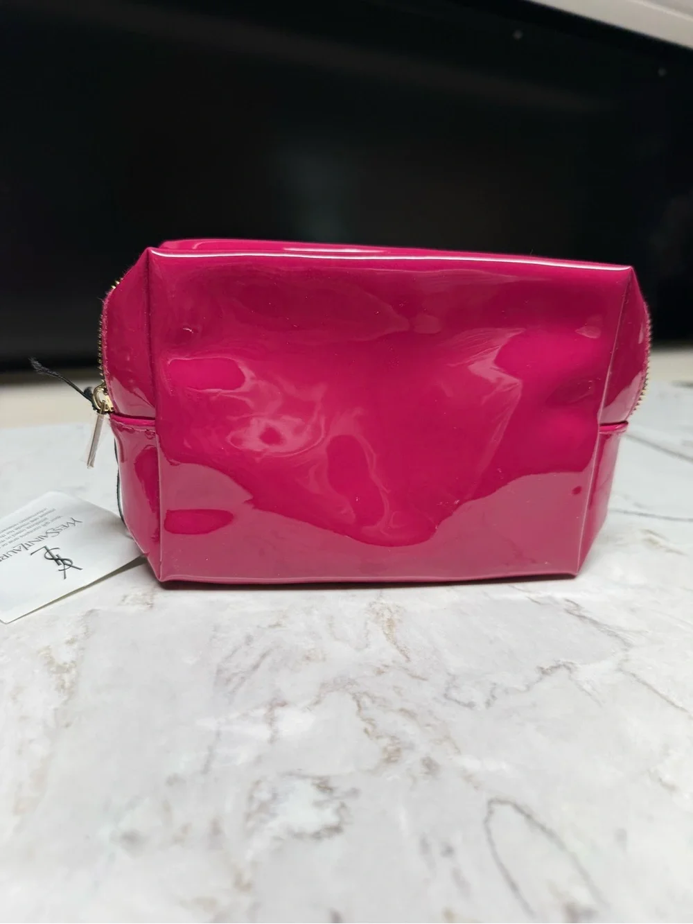 Yves Saint Laurent Patent Hot Pink Cosmetic Pouch with Gold Plaque